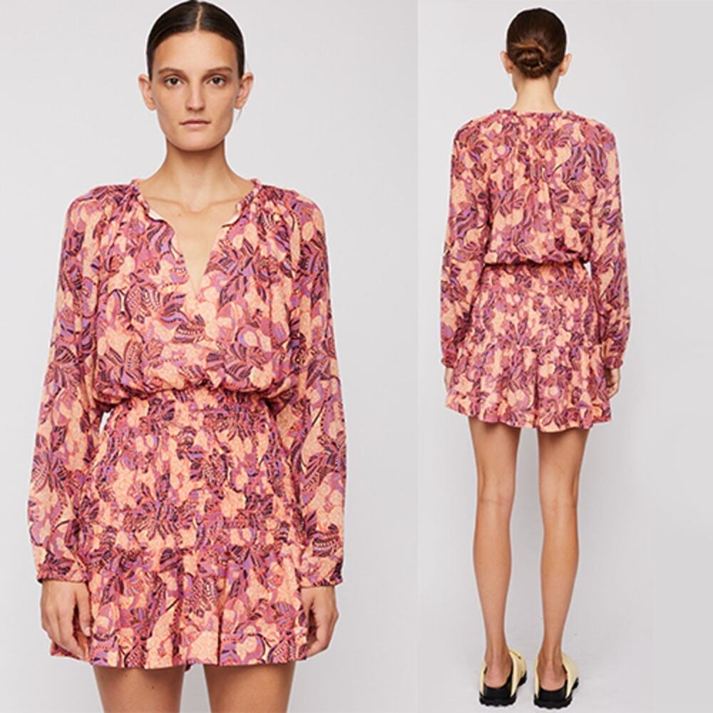 NEW A.L.C. Callie Silk Split Neck Smocked Long Sleeve Mini Dress Coral Pink